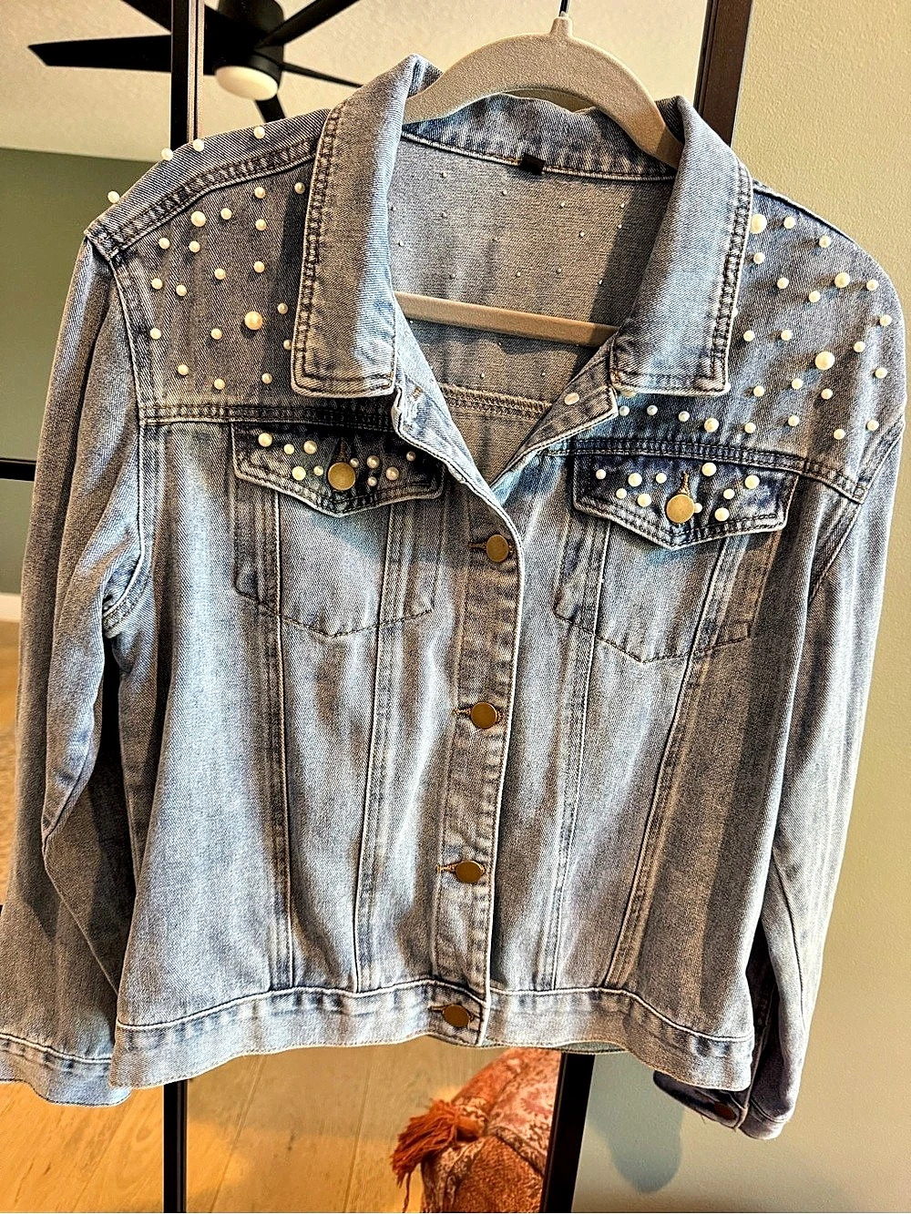 Pearl Embellished Denim Jacket- Medium
